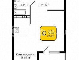 1-комнатная квартира, 35.91 м2