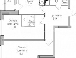 2-комнатная квартира, 57.9 м2
