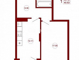 1-комнатная квартира, 45.63 м2