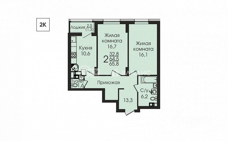 2-комнатная квартира, 65 м2, эт. 14, id: 841647, фото 8