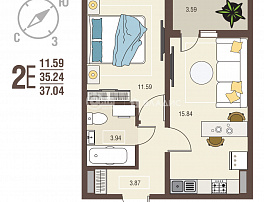 1-комнатная квартира, 37.04 м2