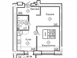 1-комнатная квартира, 49.73 м2