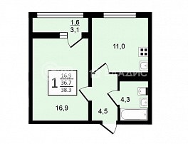 1-комнатная квартира, 38.3 м2