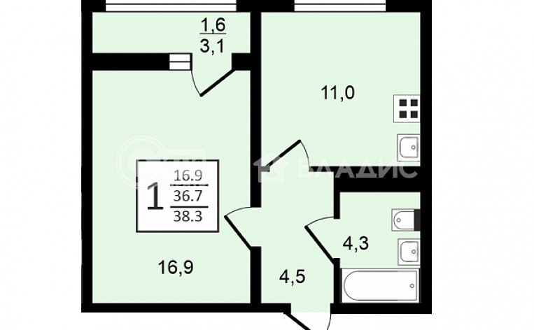 1-комнатная квартира, 38.3 м2, эт. 7, id: 948119, фото 9