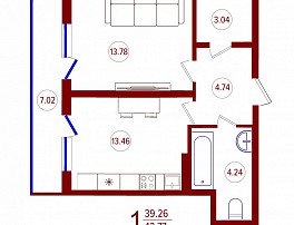 1-комнатная квартира, 42.77 м2