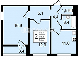 2-комнатная квартира, 57.2 м2