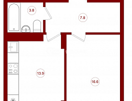 1-комнатная квартира, 43.6 м2