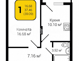 1-комнатная квартира, 39.09 м2