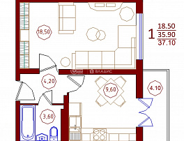 1-комнатная квартира, 37.1 м2