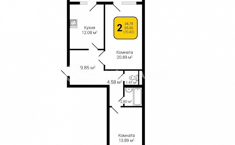 2-комнатная квартира, 70.4 м2, эт. 13, id: 756803, фото 5