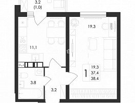 1-комнатная квартира, 38.4 м2