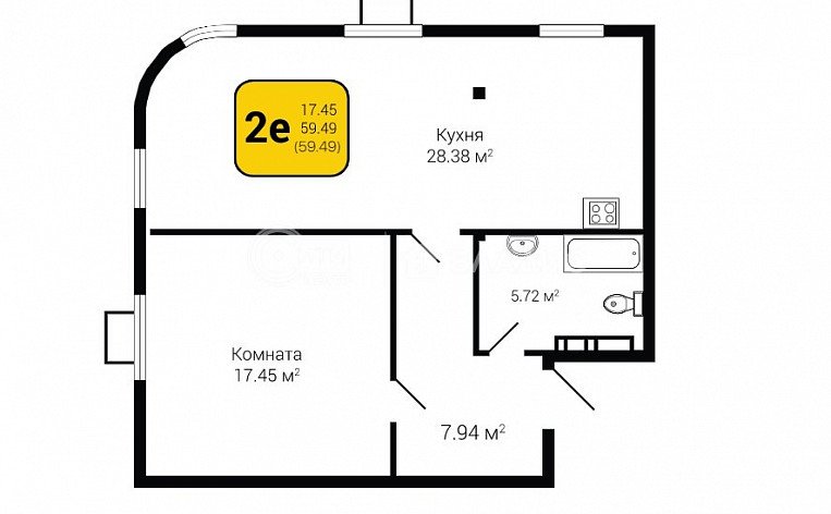 1-комнатная квартира, 59.49 м2, эт. 4, id: 746971, фото 11