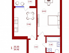 1-комнатная квартира, 34.46 м2