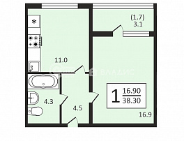 1-комнатная квартира, 38.3 м2