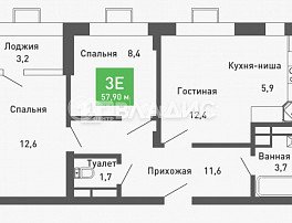 2-комнатная квартира, 57.7 м2