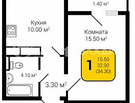 1-комнатная квартира, 34.3 м2