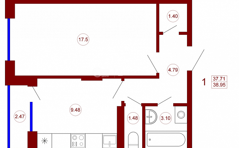 1-комнатная квартира, 38.95 м2, эт. 16, id: 721741, фото 2