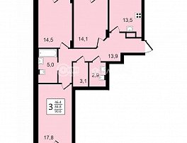 3-комнатная квартира, 90.6 м2