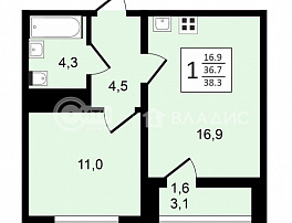 1-комнатная квартира, 38.3 м2